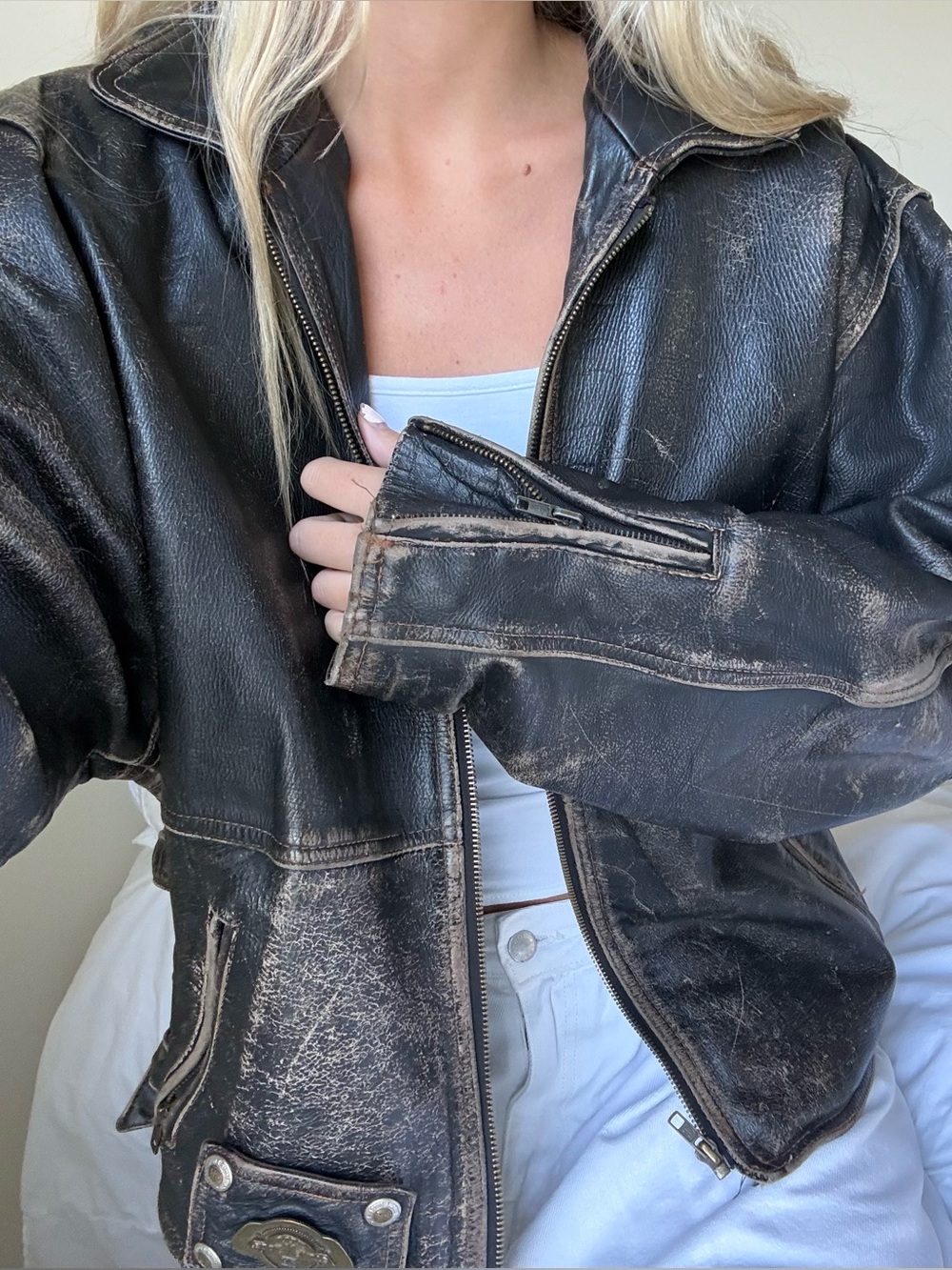 Vintage distressed Black / brown 100% genuine Leather Bomber Jacket
